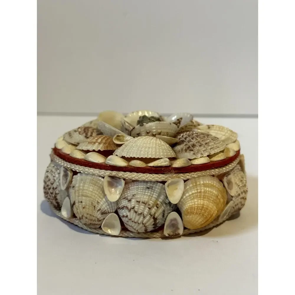 Vintage Seashell Round Trinket Box Red Lined Boho Beach Decore Small Flaws